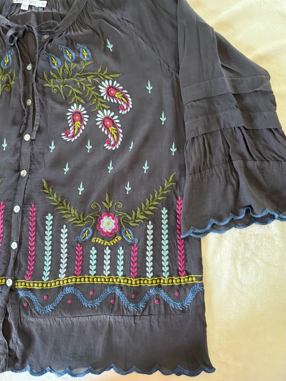 Karen Seo Boho Embroidered Peasant Top with Multicolor Floral XL - Picture 4 of 8